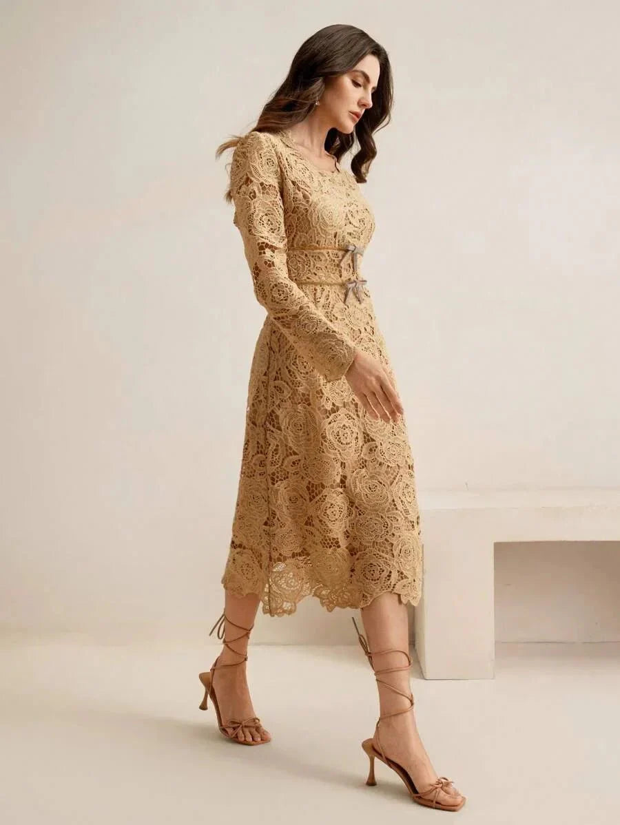 Delia Midi Dress - Round Neck - High Waist - A Line - Elegant