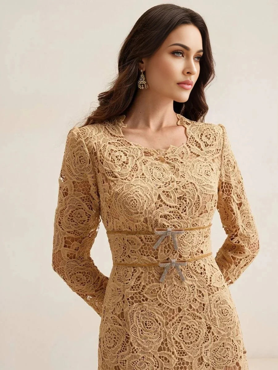 Delia Midi Dress - Round Neck - High Waist - A Line - Elegant