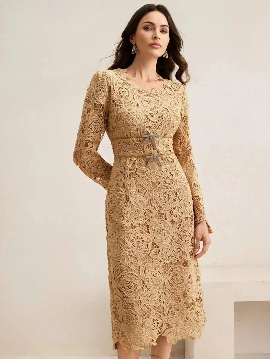 Delia Midi Dress - Round Neck - High Waist - A Line - Elegant