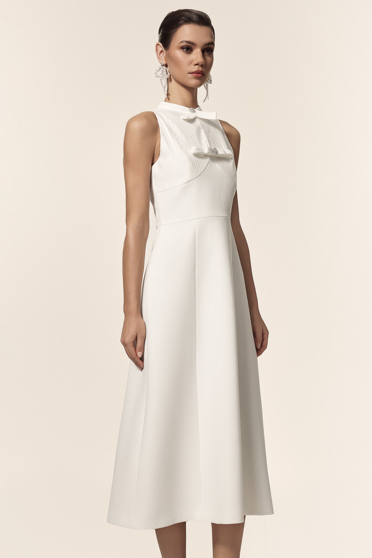 Delia White Midi Dress with Bowknot Detailing and Elegant Silhouette for Women