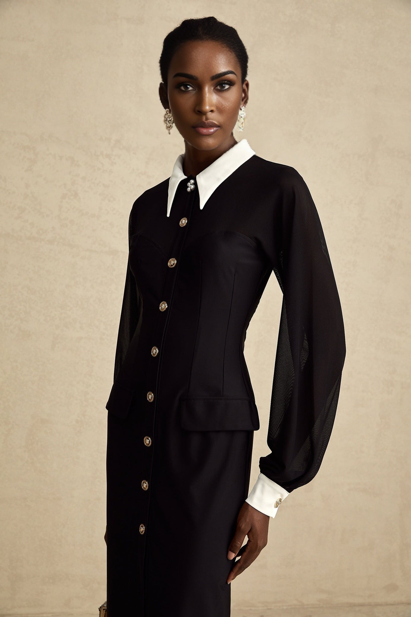 Delilah Maxi Dress - Classic Collar Design - Long Puffy Sleeves - Buttoned Cuffs - Front Flap Pockets