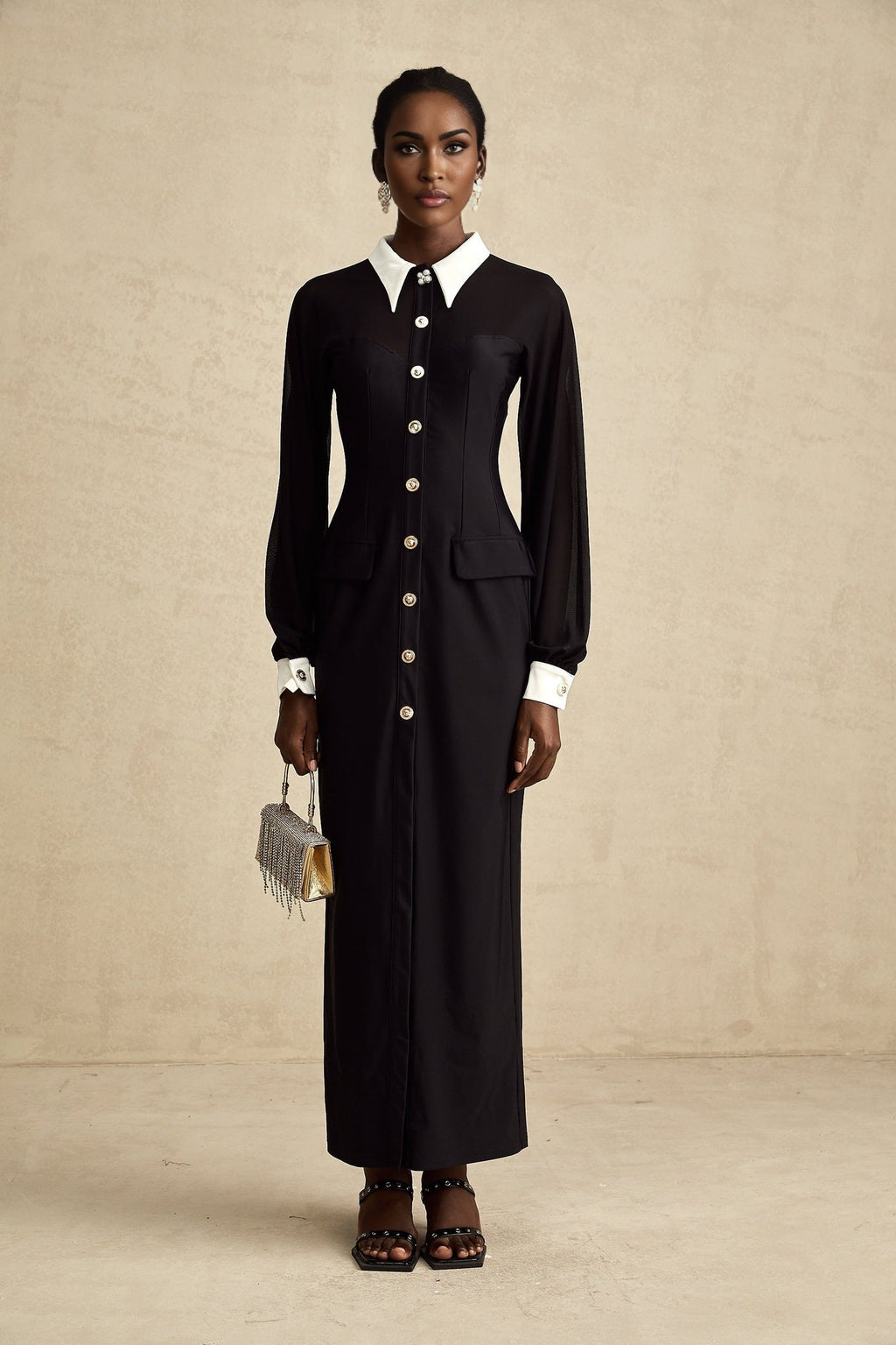 Delilah Maxi Dress - Classic Collar Design - Long Puffy Sleeves - Buttoned Cuffs - Front Flap Pockets