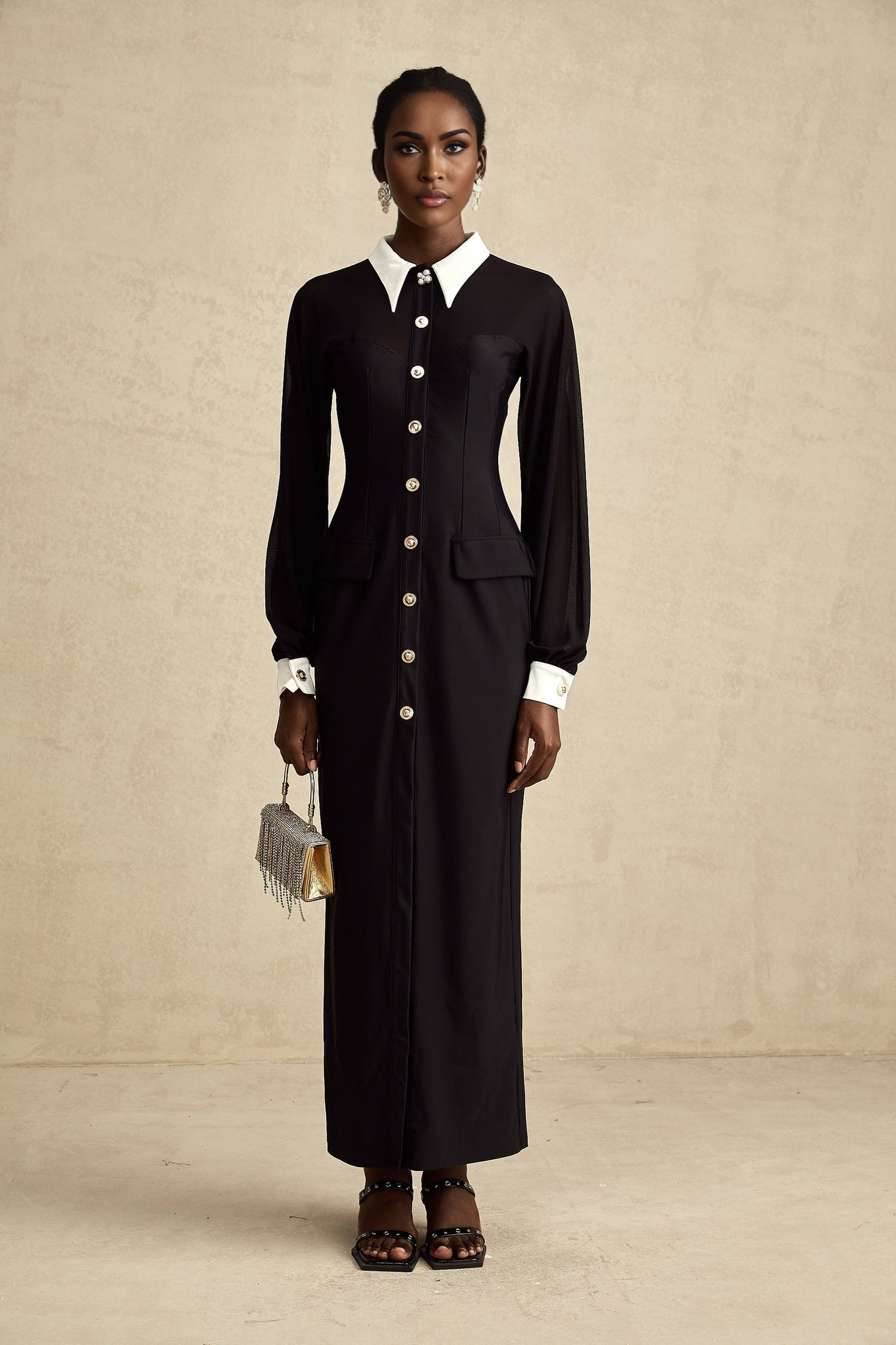 Delilah Maxi Dress - Classic Collar Design - Long Puffy Sleeves - Buttoned Cuffs - Front Flap Pockets