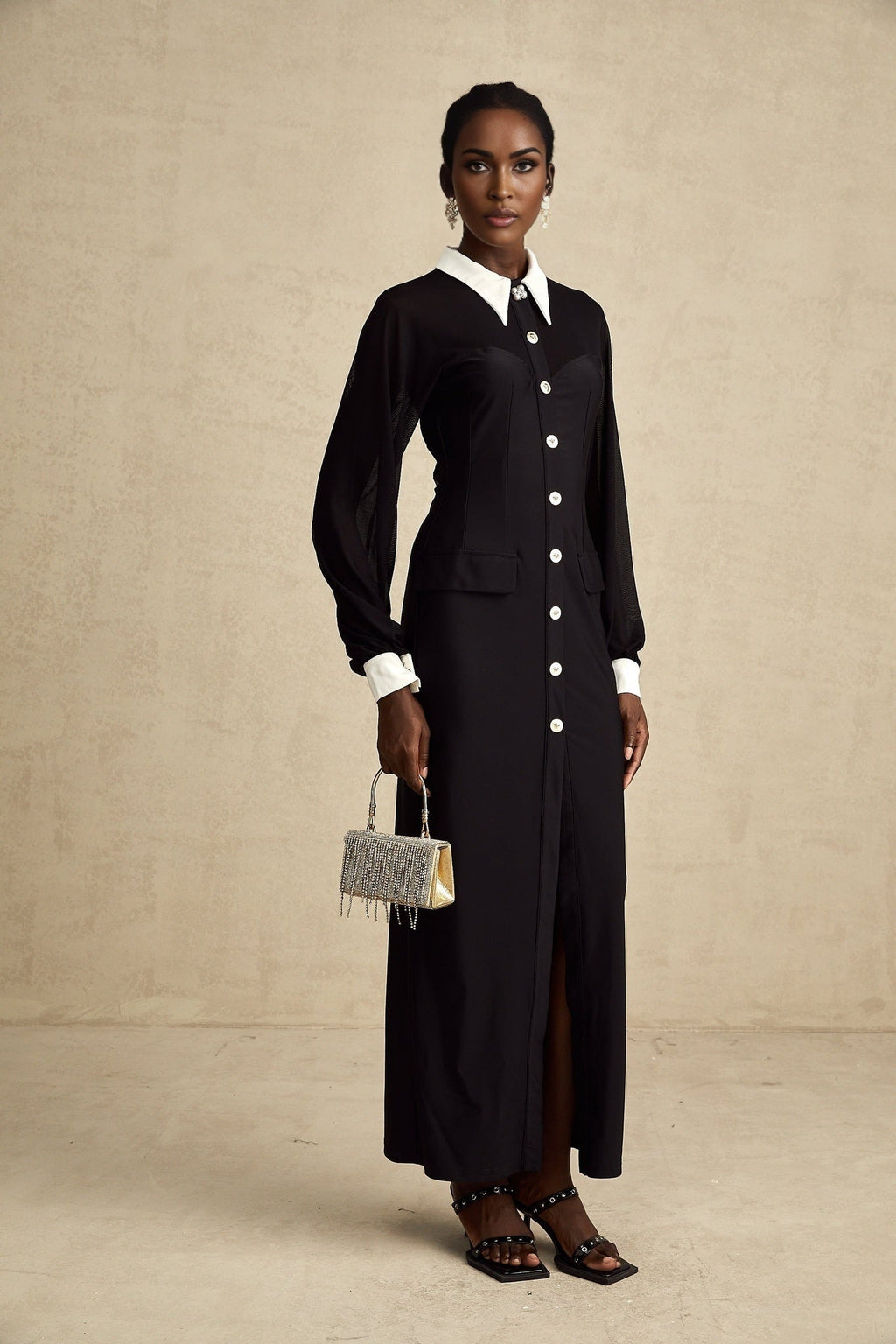 Delilah Maxi Dress - Classic Collar Design - Long Puffy Sleeves - Buttoned Cuffs - Front Flap Pockets
