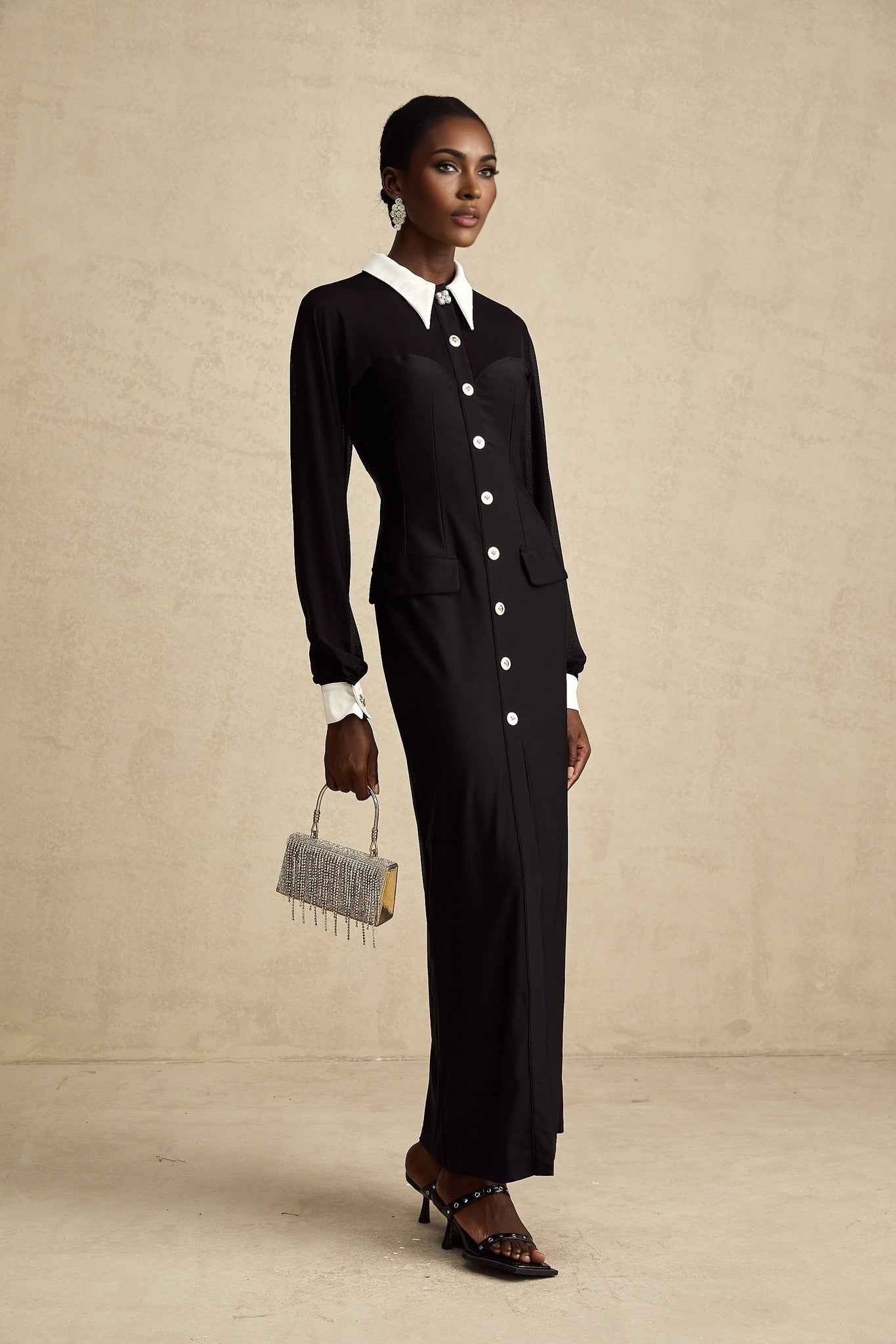 Delilah Maxi Dress - Classic Collar Design - Long Puffy Sleeves - Buttoned Cuffs - Front Flap Pockets
