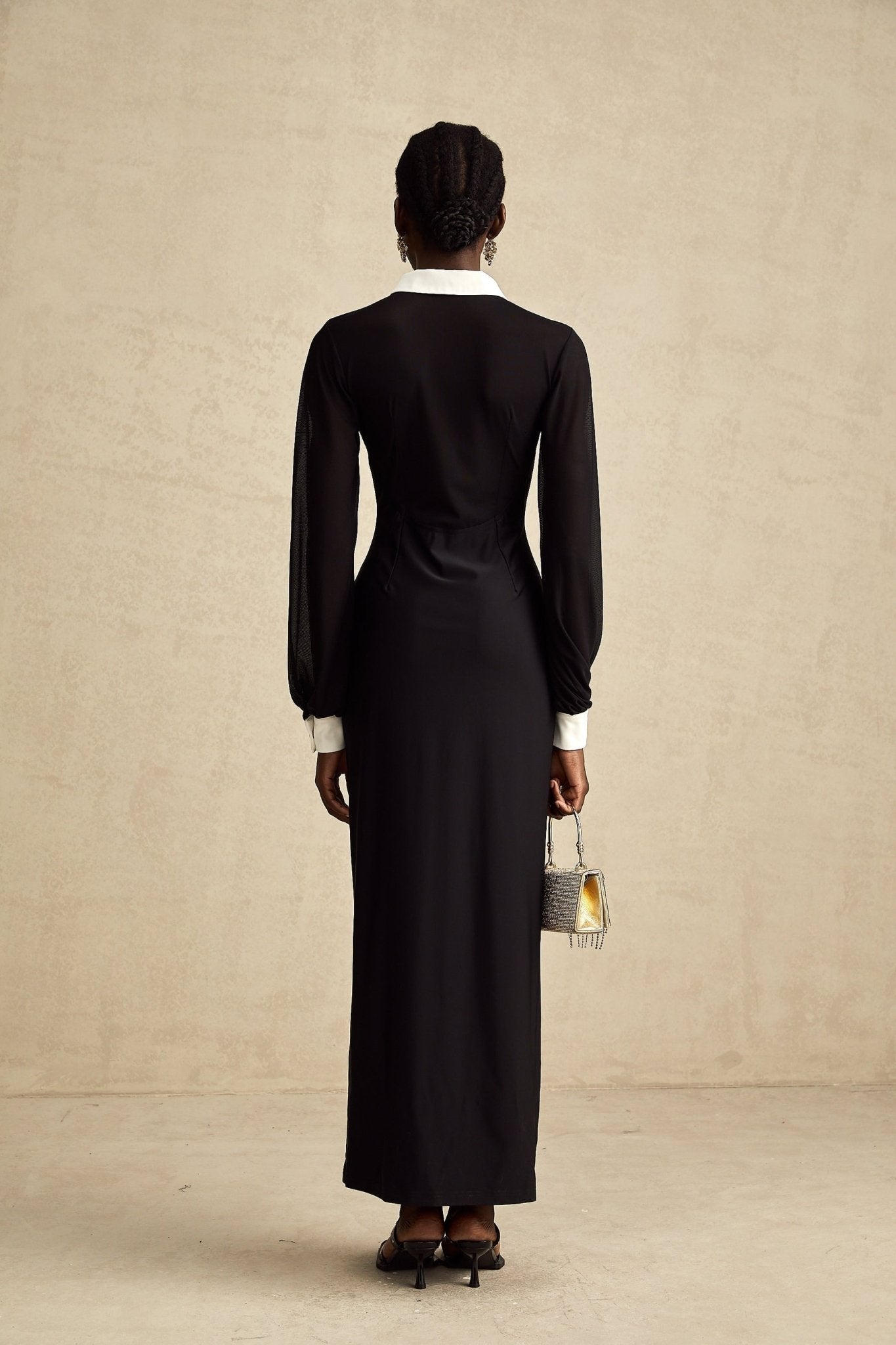 Delilah Maxi Dress - Classic Collar Design - Long Puffy Sleeves - Buttoned Cuffs - Front Flap Pockets