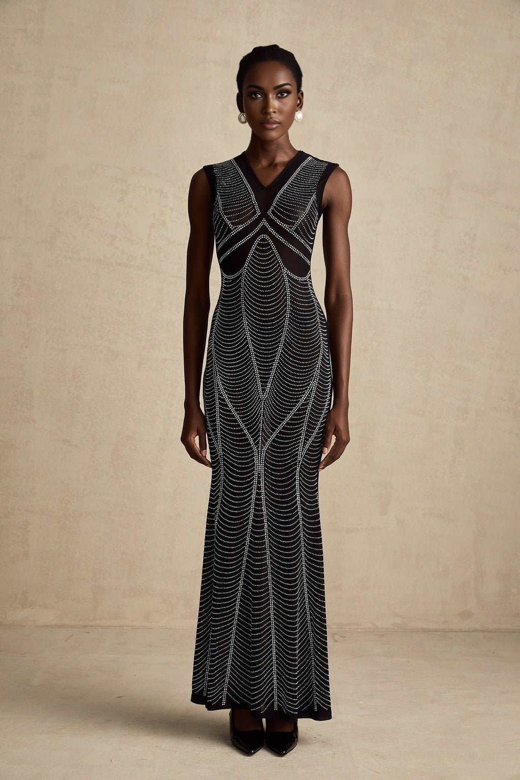 Delilah Maxi Dress - Sleeveless V Neck - Fitted Waistline - Crystal Embellishment - Flared Hem - Semi - Sheer