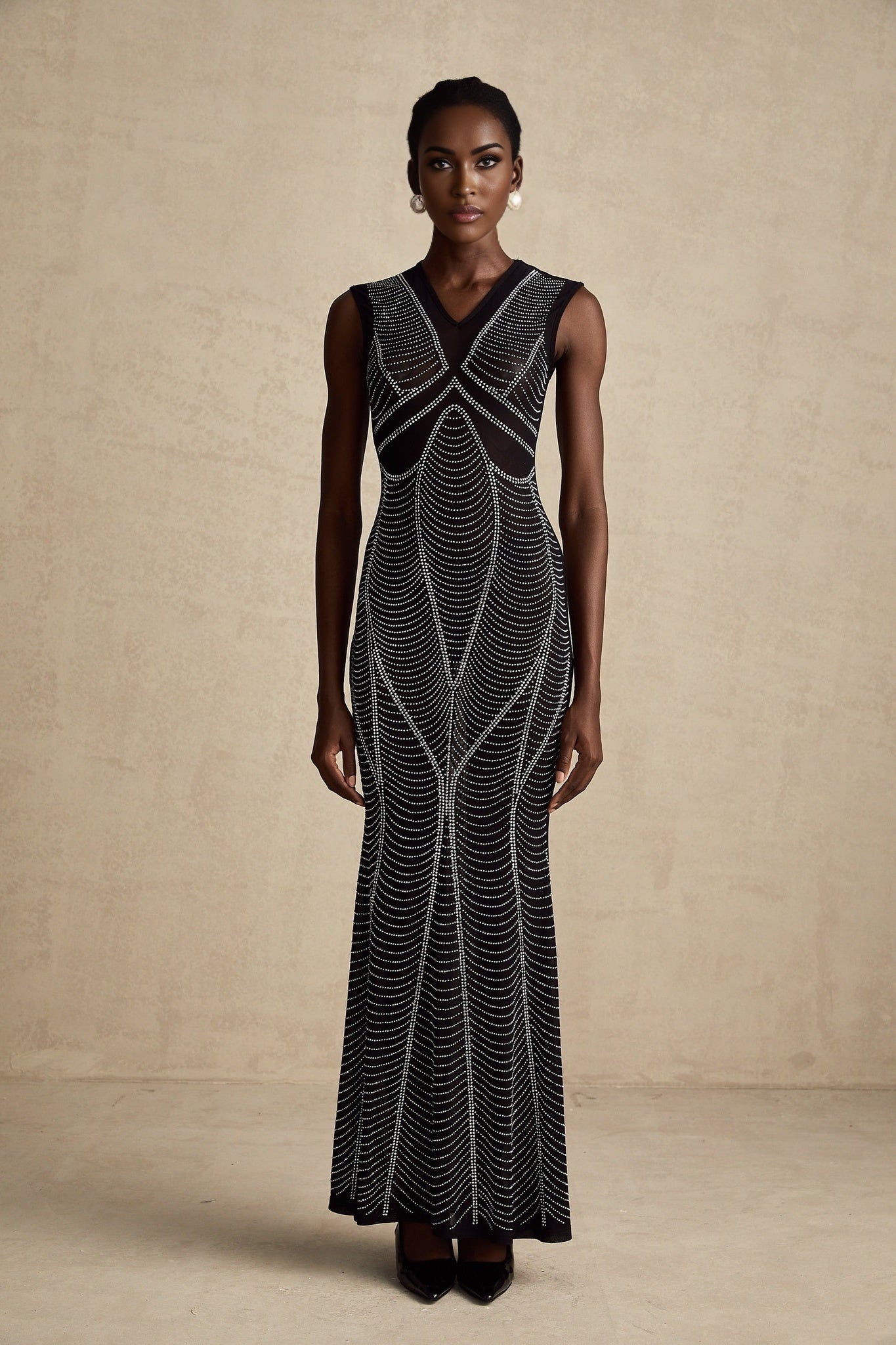 Delilah Maxi Dress - Sleeveless V Neck - Fitted Waistline - Crystal Embellishment - Flared Hem - Semi - Sheer