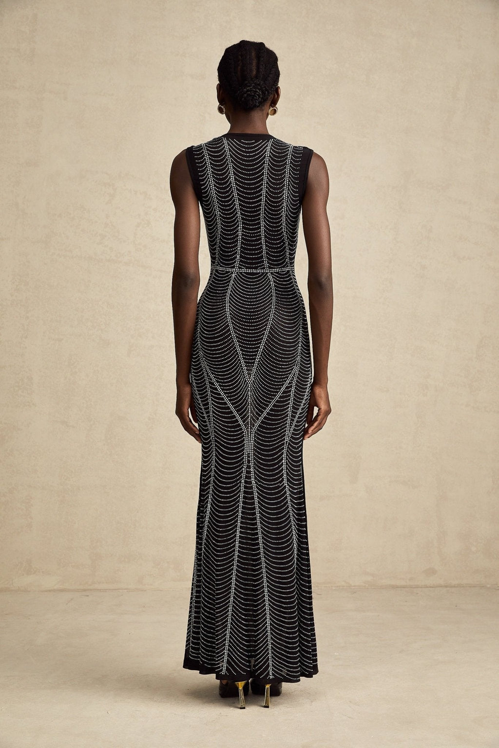 Delilah Maxi Dress - Sleeveless V Neck - Fitted Waistline - Crystal Embellishment - Flared Hem - Semi - Sheer