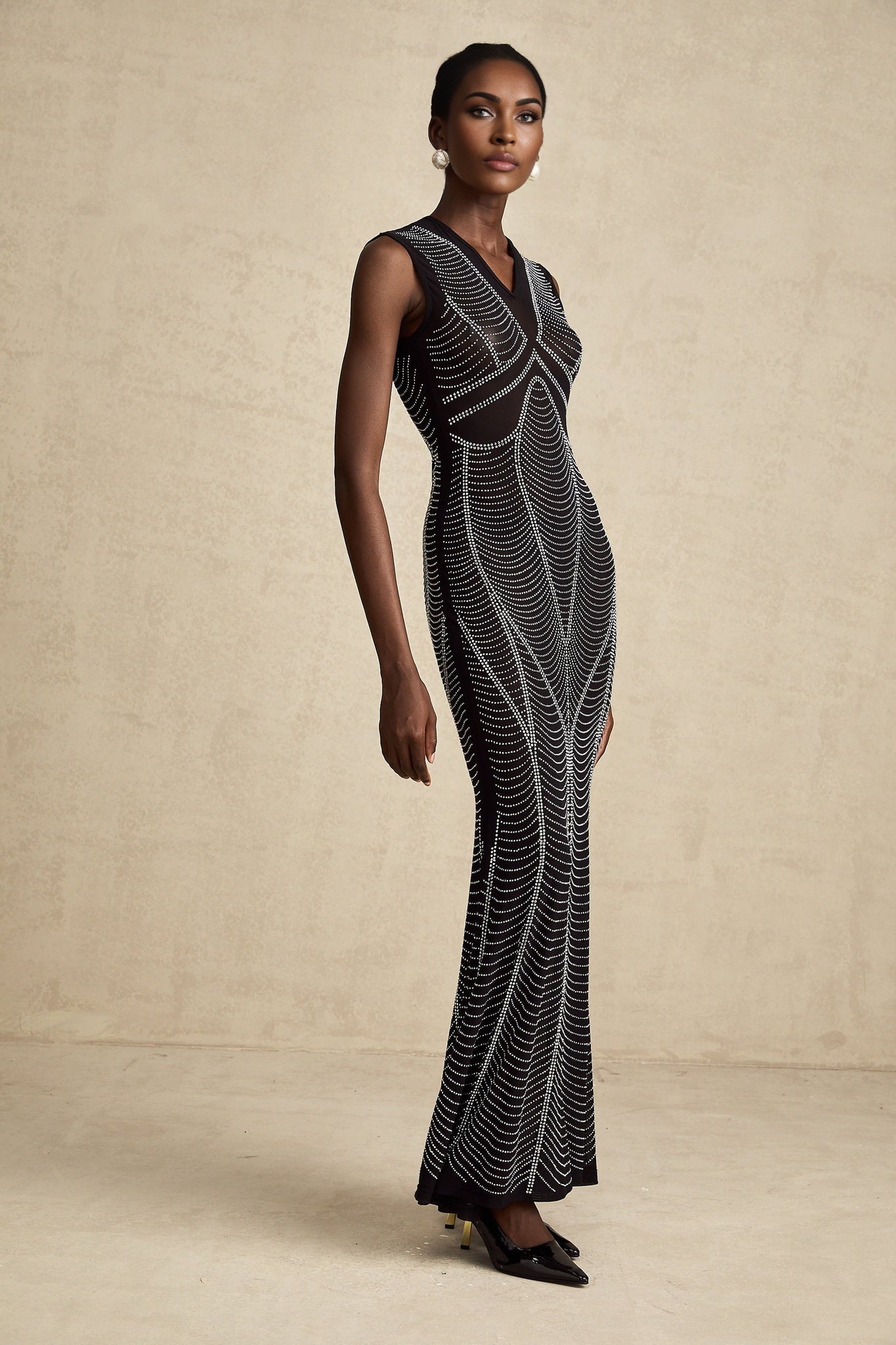 Delilah Maxi Dress - Sleeveless V Neck - Fitted Waistline - Crystal Embellishment - Flared Hem - Semi - Sheer