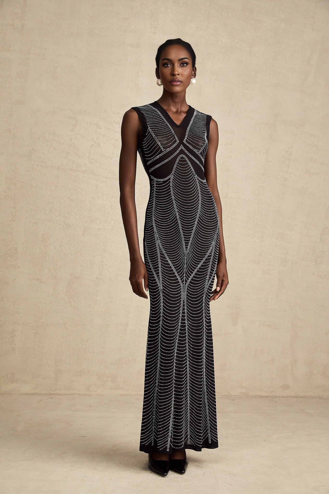 Delilah Maxi Dress - Sleeveless V Neck - Fitted Waistline - Crystal Embellishment - Flared Hem - Semi - Sheer