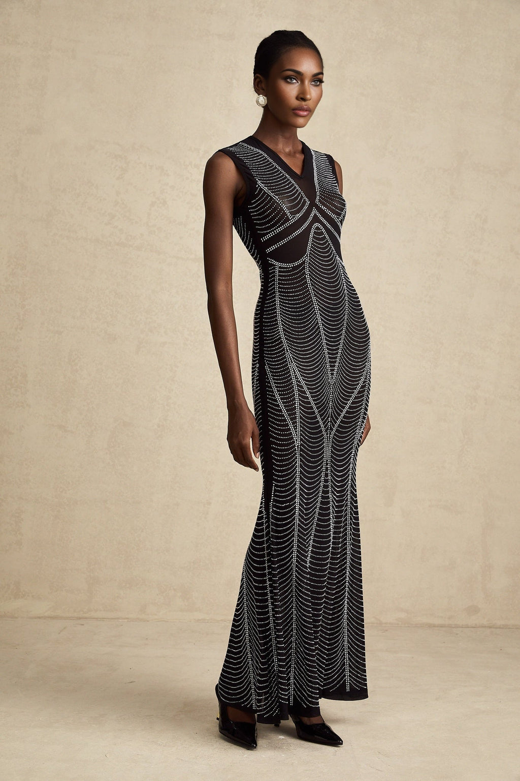 Delilah Maxi Dress - Sleeveless V Neck - Fitted Waistline - Crystal Embellishment - Flared Hem - Semi - Sheer