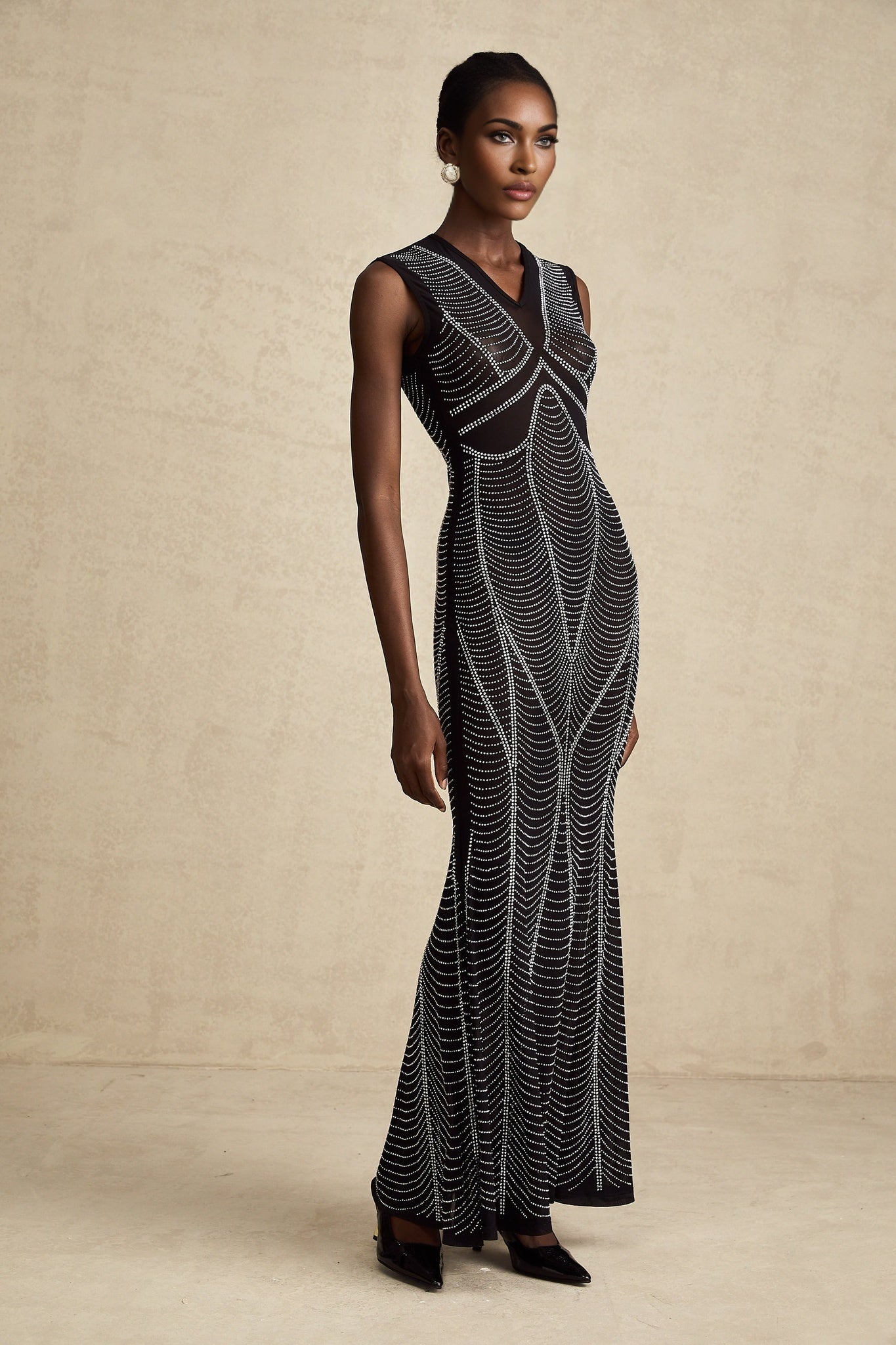 Delilah Maxi Dress - Sleeveless V Neck - Fitted Waistline - Crystal Embellishment - Flared Hem - Semi - Sheer
