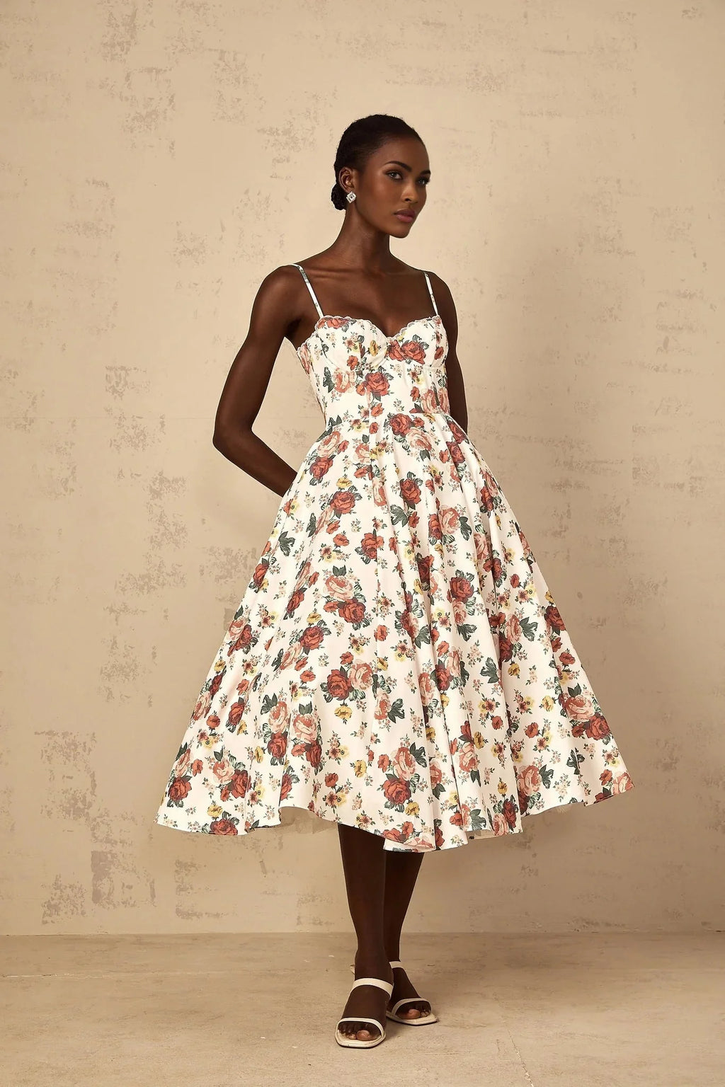Delilah Midi Dress White Rose Print Flounce Sweetheart Boned & Zip
