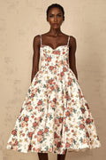 Delilah Midi Dress White Rose Print Flounce Sweetheart Boned & Zip