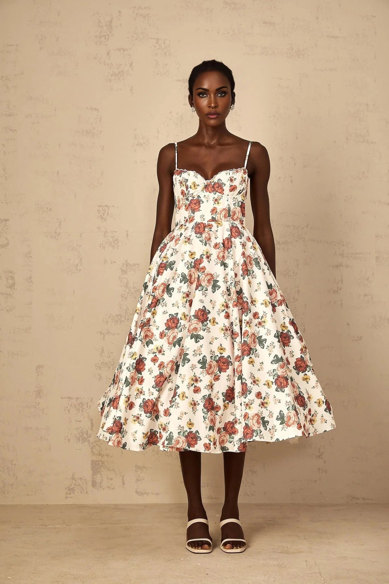 Delilah Midi Dress White Rose Print Flounce Sweetheart Boned & Zip