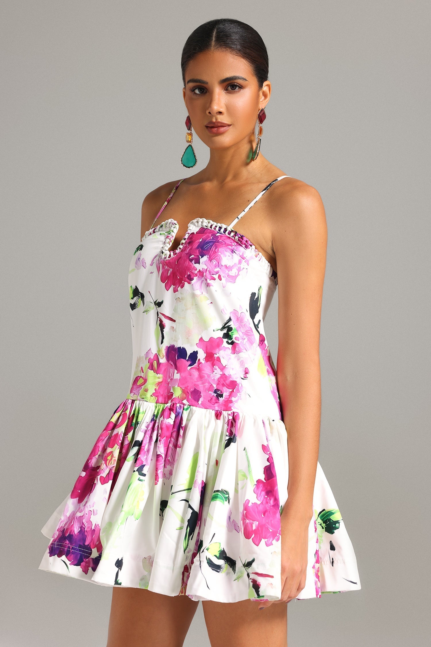Delilah White Floral Print Sweetheart Neckline Dress