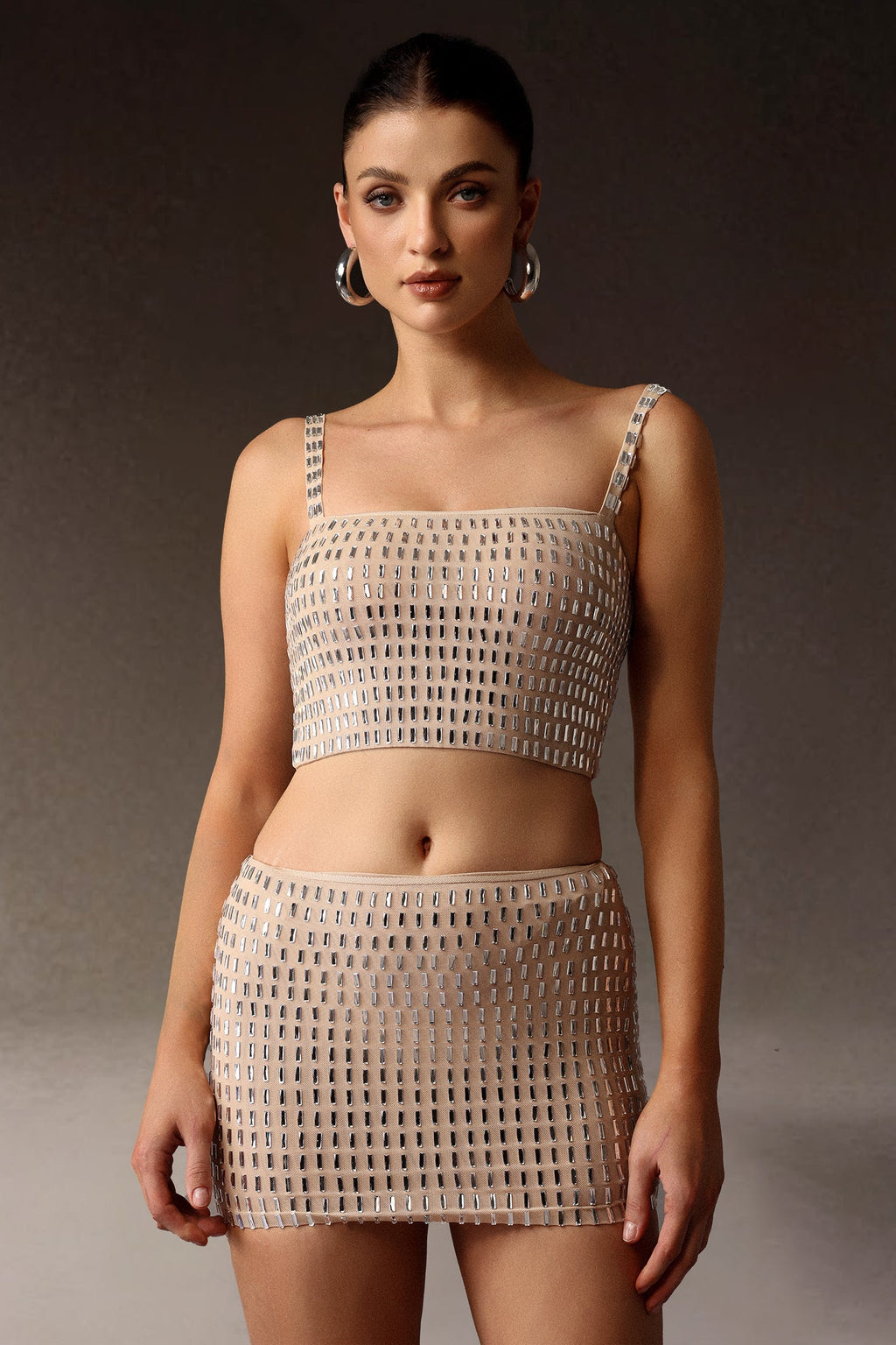 Delizia Beige Figure-Hugging Dress with Intricate Detailing and Elegant Neckline