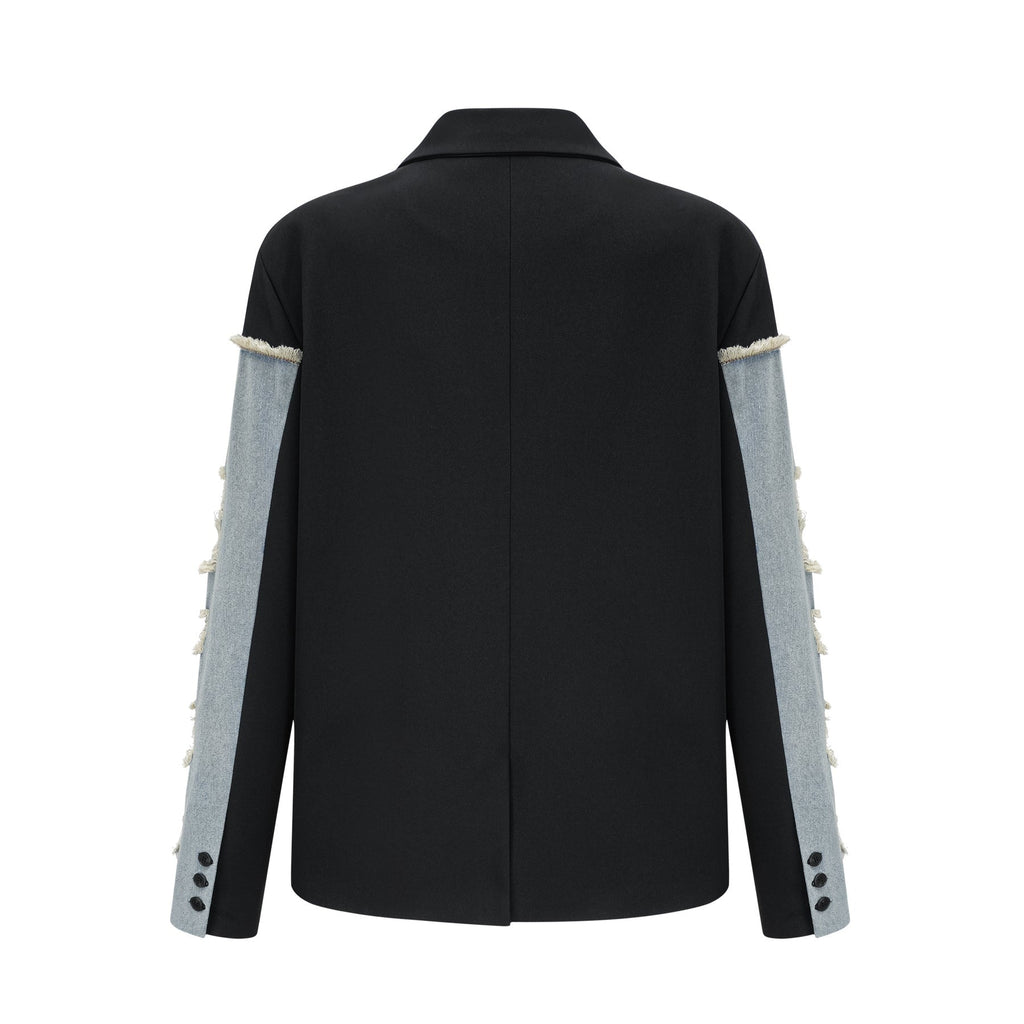 Delizia Denim Blazer - Peak Lapels - Ripped Detailing - Fringed Design - Buttoned Cuffs