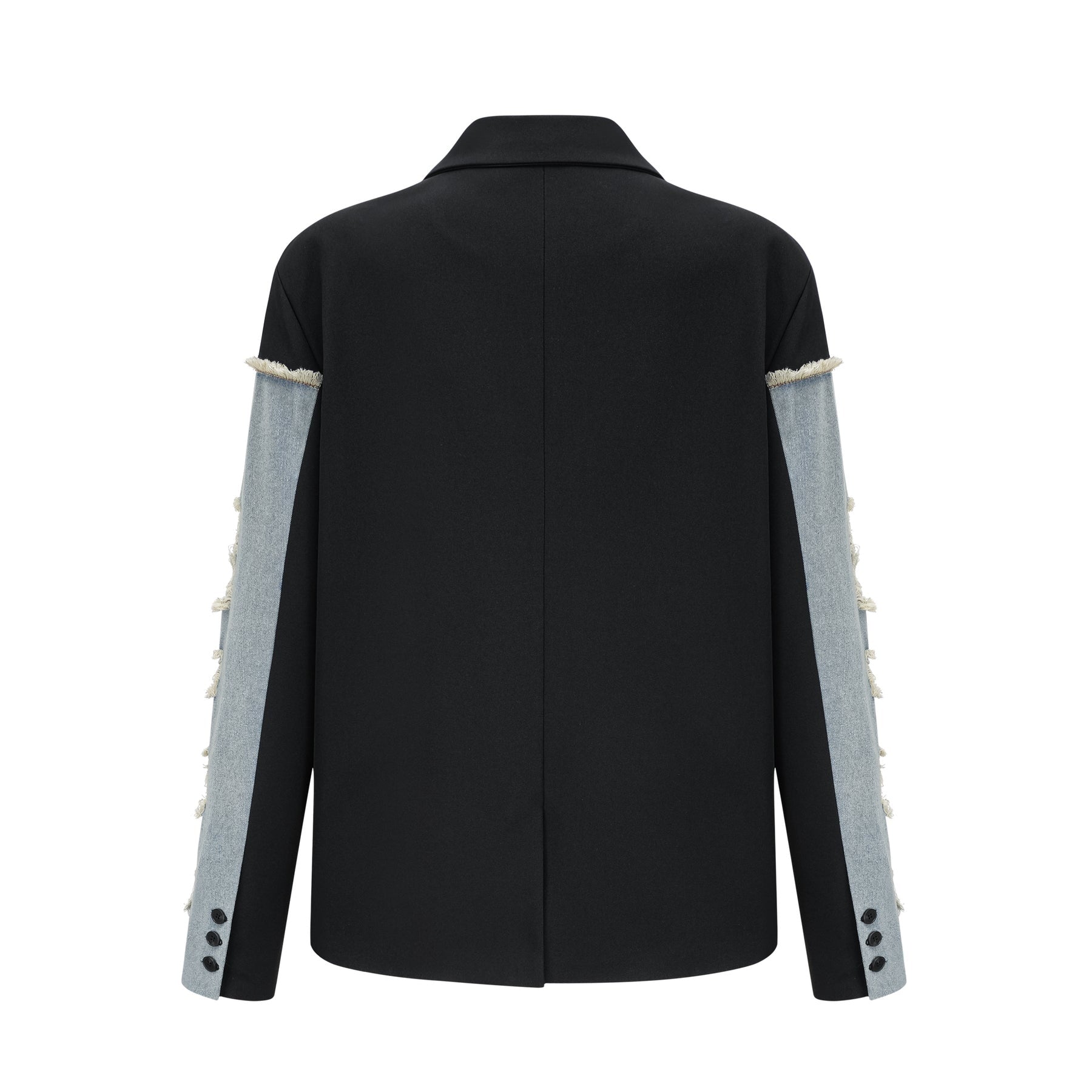 Delizia Denim Blazer - Peak Lapels - Ripped Detailing - Fringed Design - Buttoned Cuffs