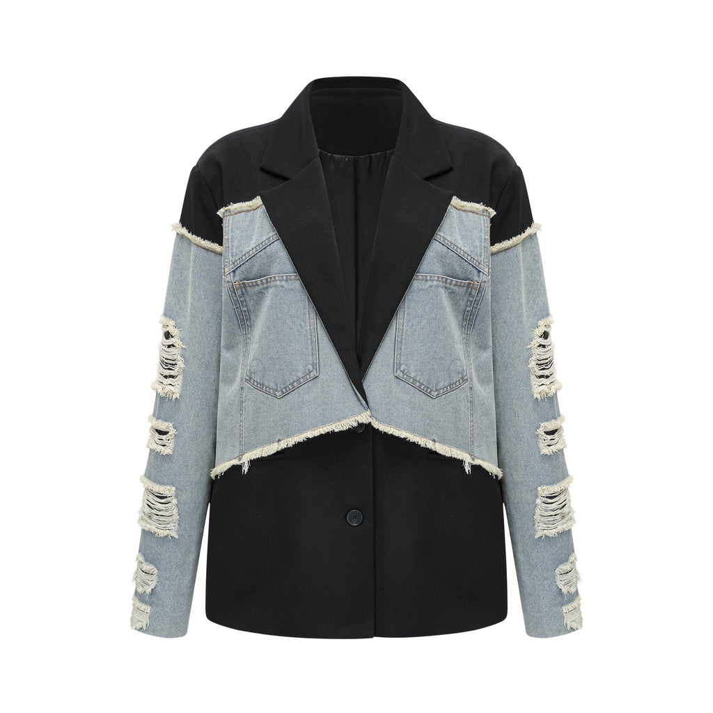 Delizia Denim Blazer - Peak Lapels - Ripped Detailing - Fringed Design - Buttoned Cuffs
