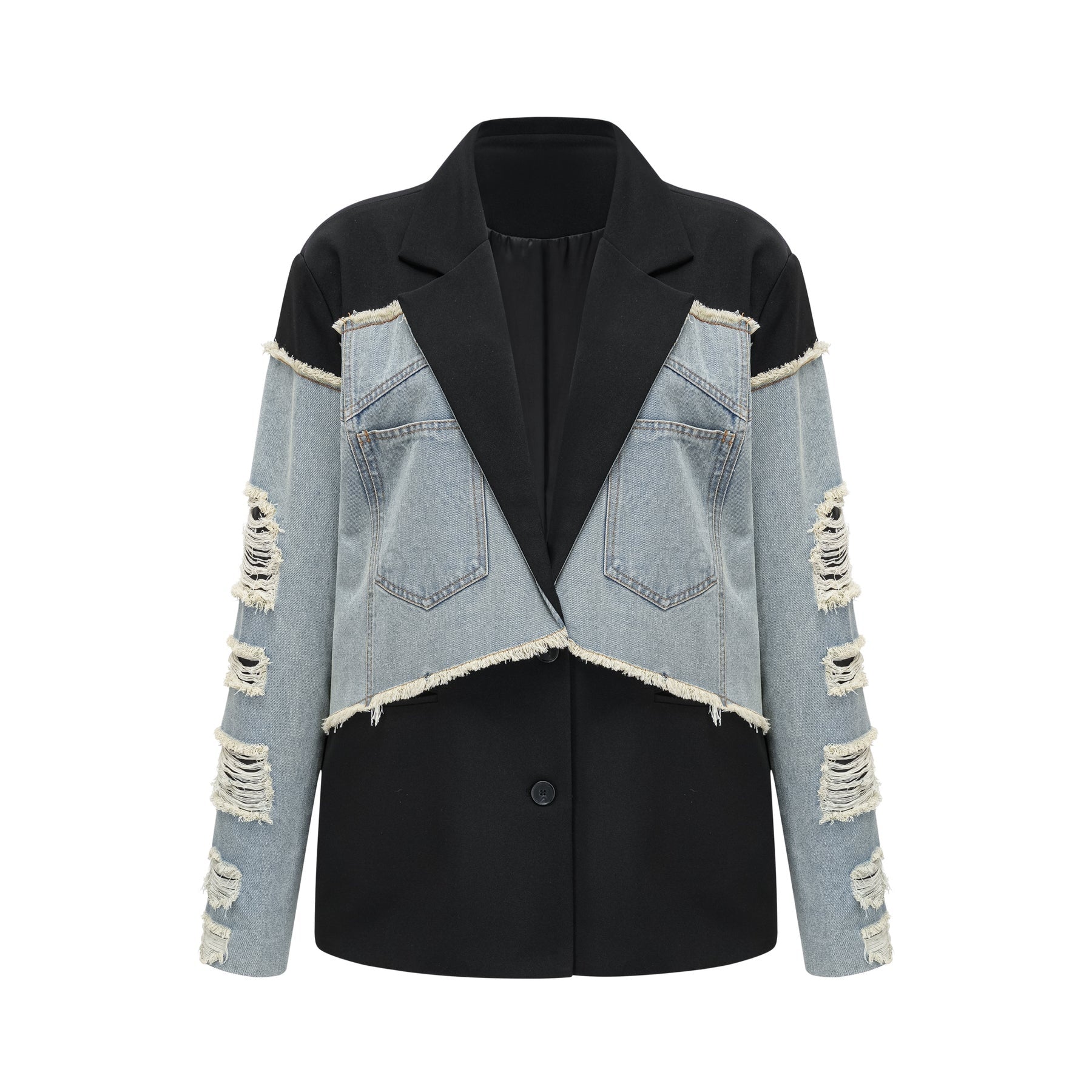 Delizia Denim Blazer - Peak Lapels - Ripped Detailing - Fringed Design - Buttoned Cuffs