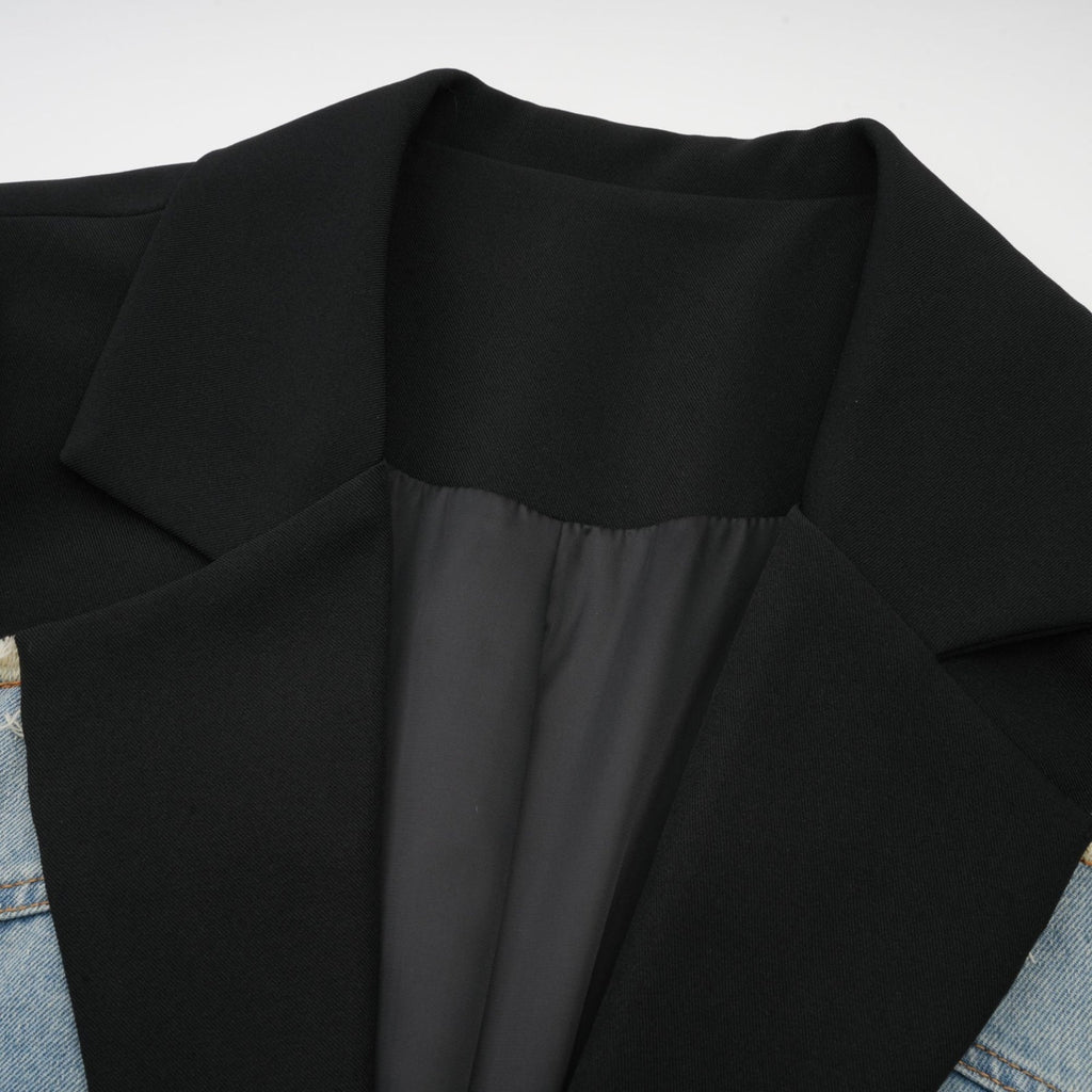 Delizia Denim Blazer - Peak Lapels - Ripped Detailing - Fringed Design - Buttoned Cuffs