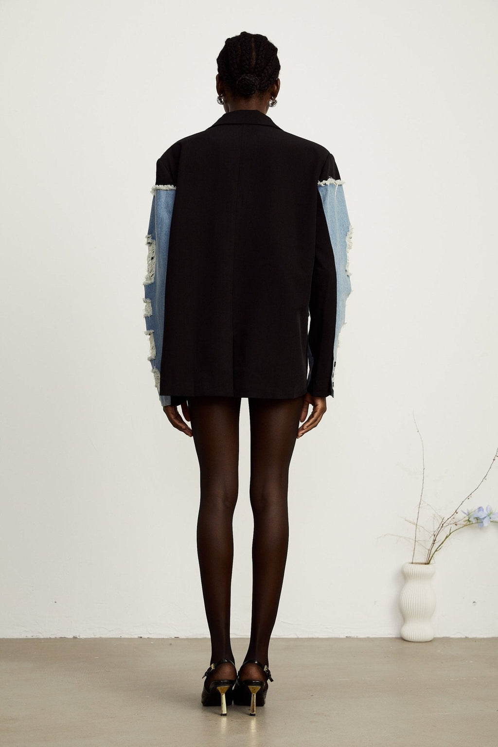 Delizia Denim Blazer - Peak Lapels - Ripped Detailing - Fringed Design - Buttoned Cuffs