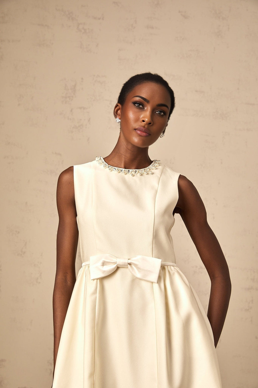 Delizia Mini Dress - Bowknot Detailing - Faux - Pearl Embellishment - Pleat Detailing - Flared Skirt - Rear Zip Fastening