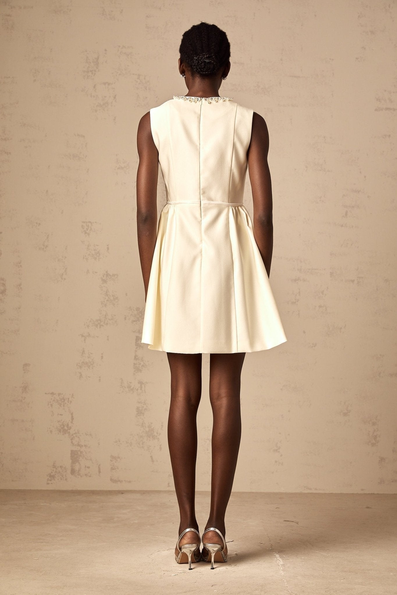 Delizia Mini Dress - Bowknot Detailing - Faux - Pearl Embellishment - Pleat Detailing - Flared Skirt - Rear Zip Fastening