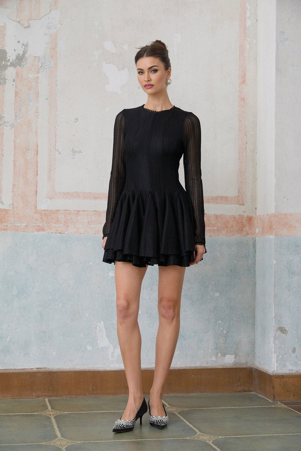 Delizia Mini Dress - Crochet Knit - Puff Skirt - Tiered Design - Long Sleeves - Rear Zip Fastening