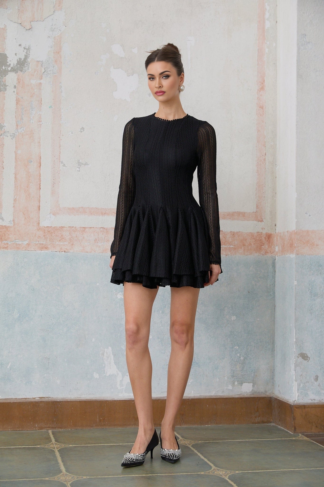 Delizia Mini Dress - Crochet Knit - Puff Skirt - Tiered Design - Long Sleeves - Rear Zip Fastening