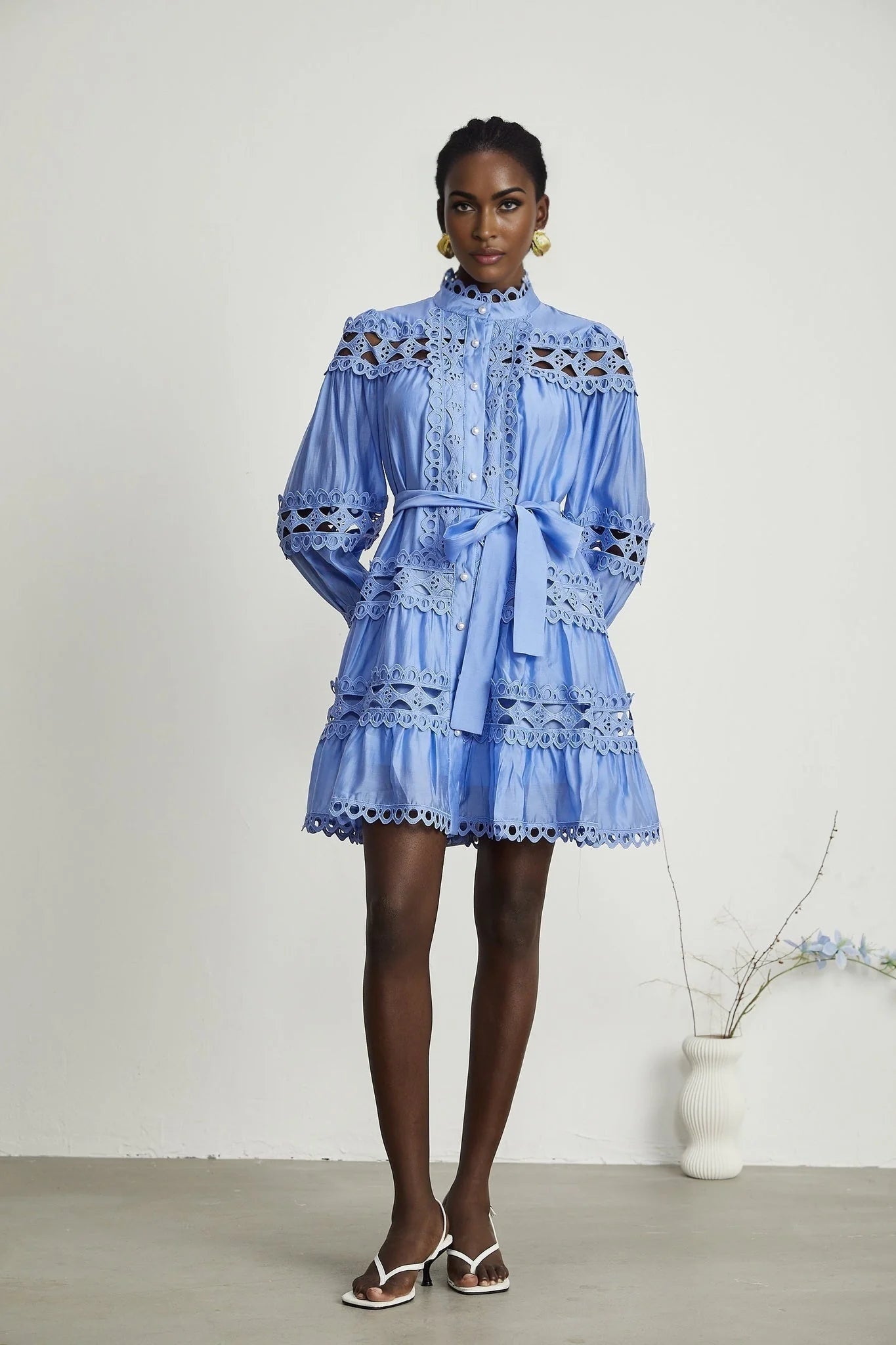 Delizia Mini Dress - Long Sleeves - Mock Neck - Cut - out Design - Belted Waist