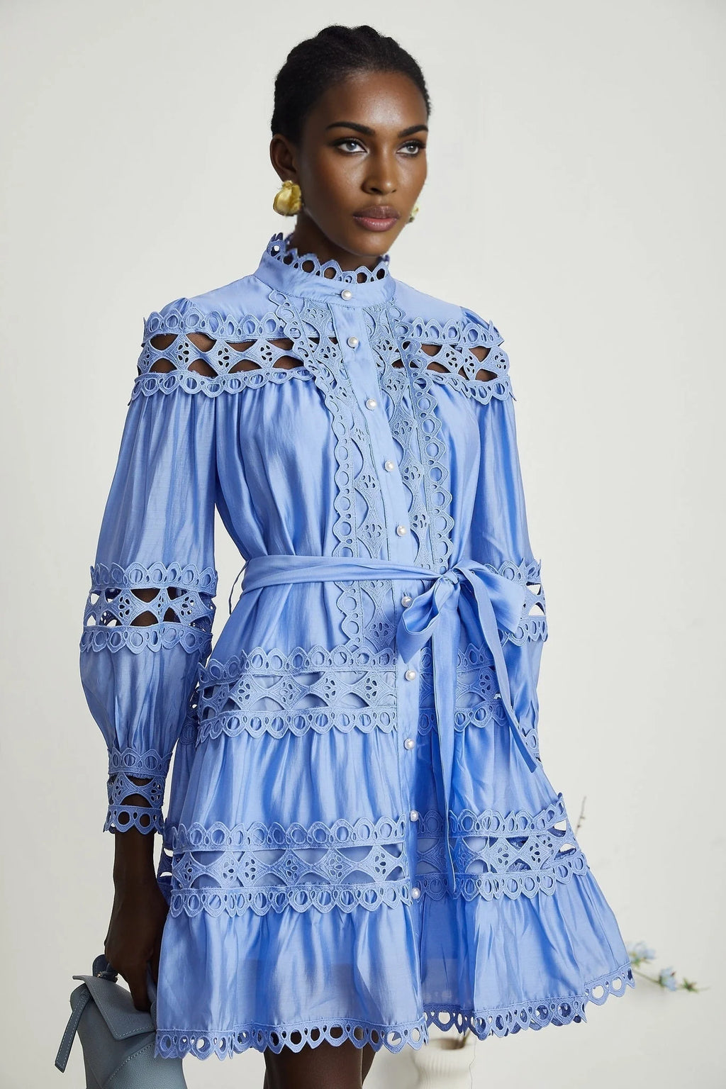 Delizia Mini Dress - Long Sleeves - Mock Neck - Cut - out Design - Belted Waist