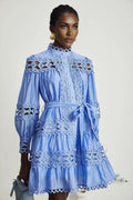 Delizia Mini Dress - Long Sleeves - Mock Neck - Cut - out Design - Belted Waist