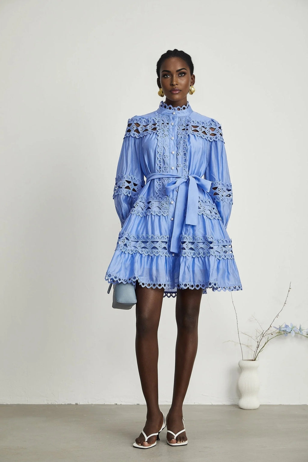 Delizia Mini Dress - Long Sleeves - Mock Neck - Cut - out Design - Belted Waist