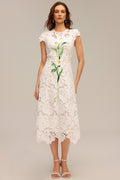 Delizia White Lace Hollow Out Embroidered Midi Dress