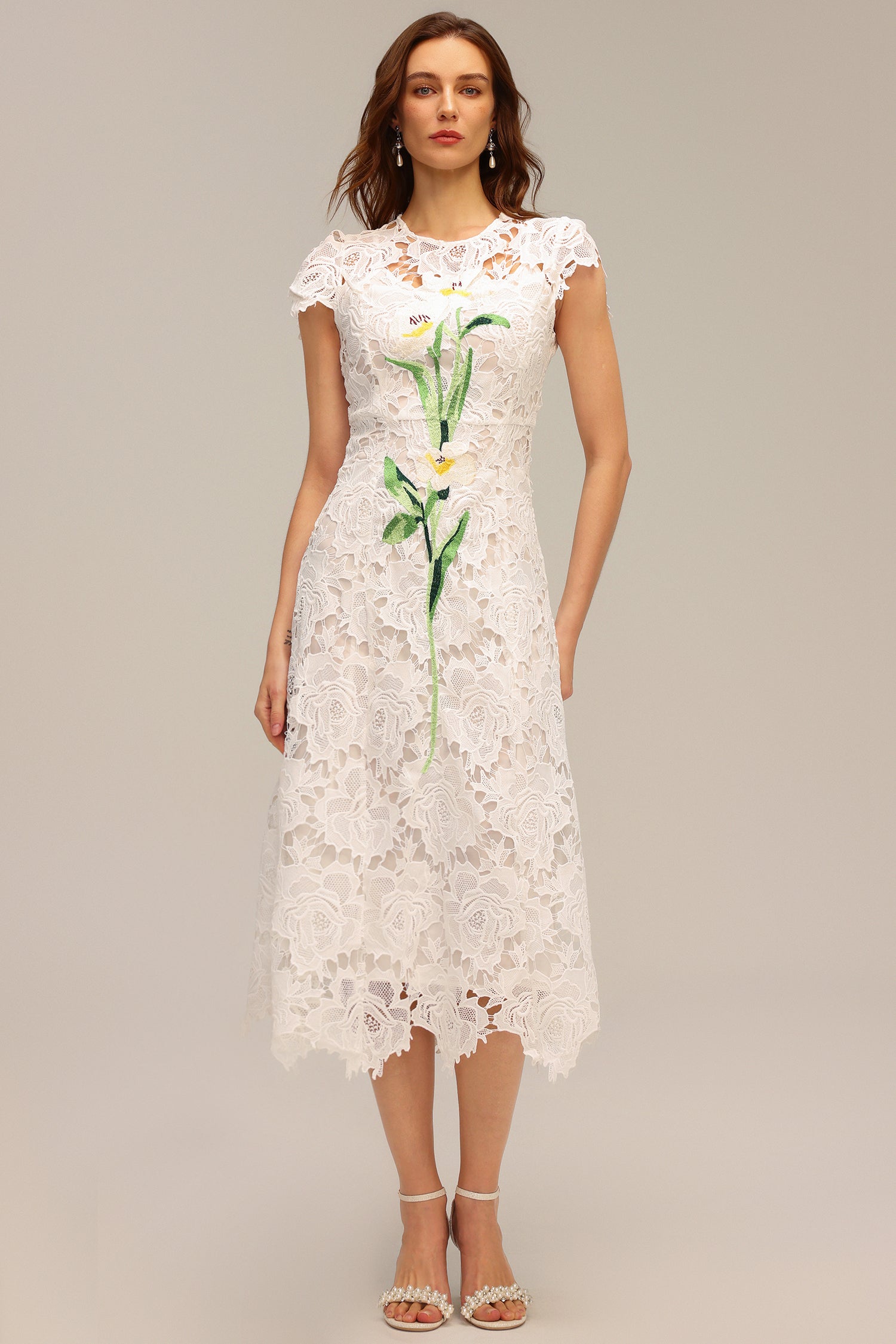 Delizia White Lace Hollow Out Embroidered Midi Dress