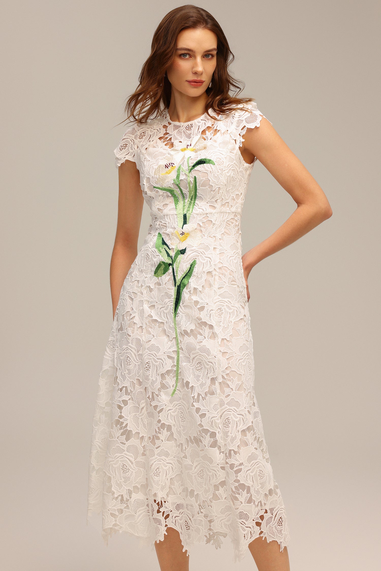Delizia White Lace Hollow Out Embroidered Midi Dress