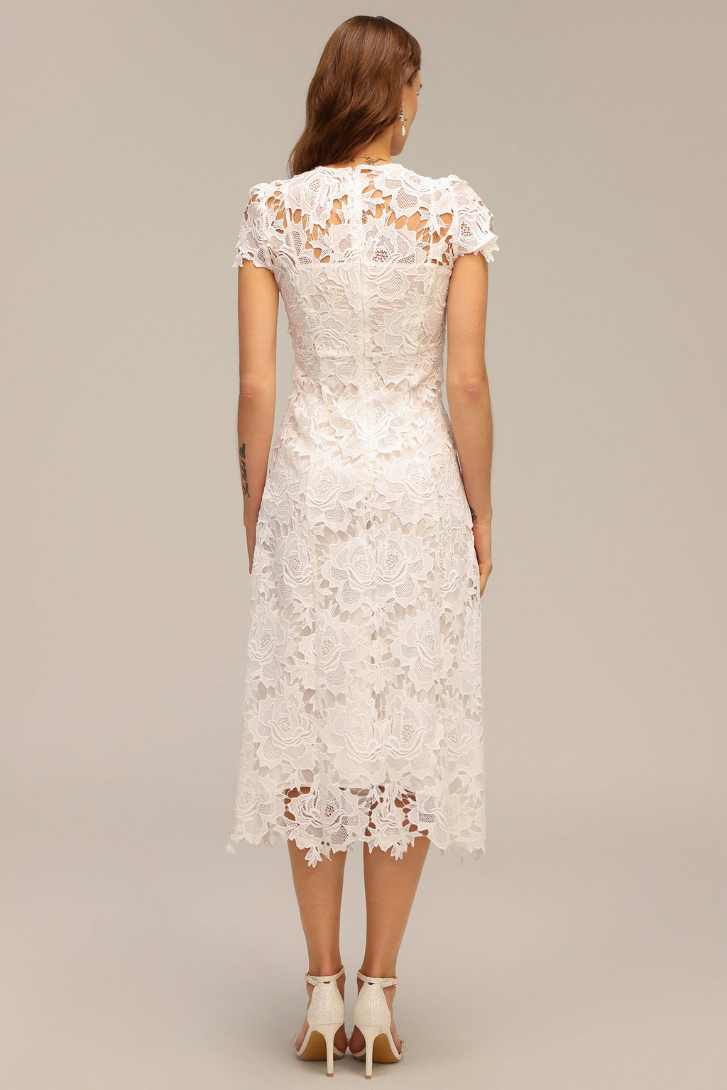 Delizia White Lace Hollow Out Embroidery Midi Dress