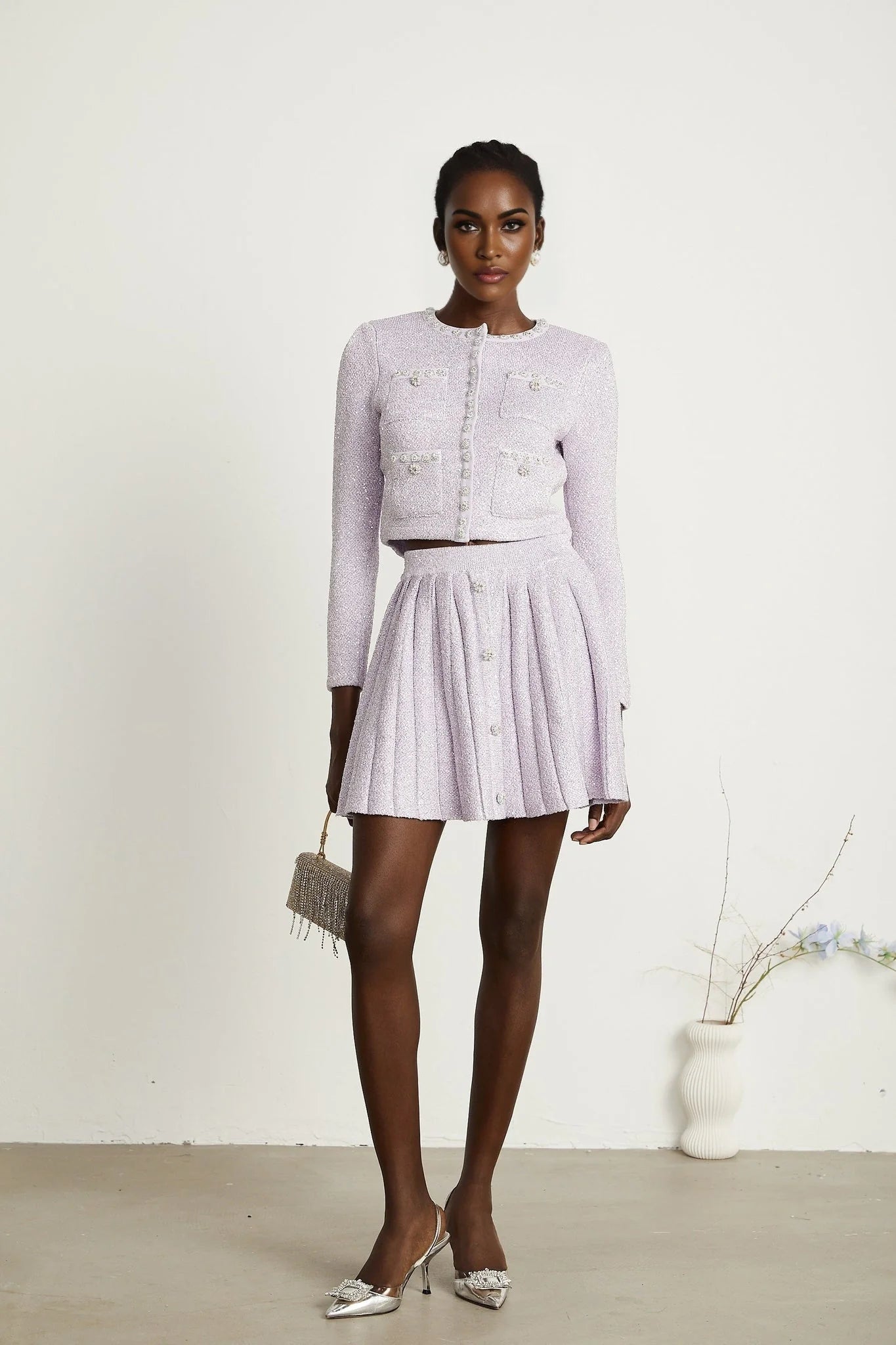 Denise Jacket & Skirt Set - Sequin Detailing - Faux - Pearl Embellishment - Front Button Fastening - Four Patch Pockets - Full Pleated