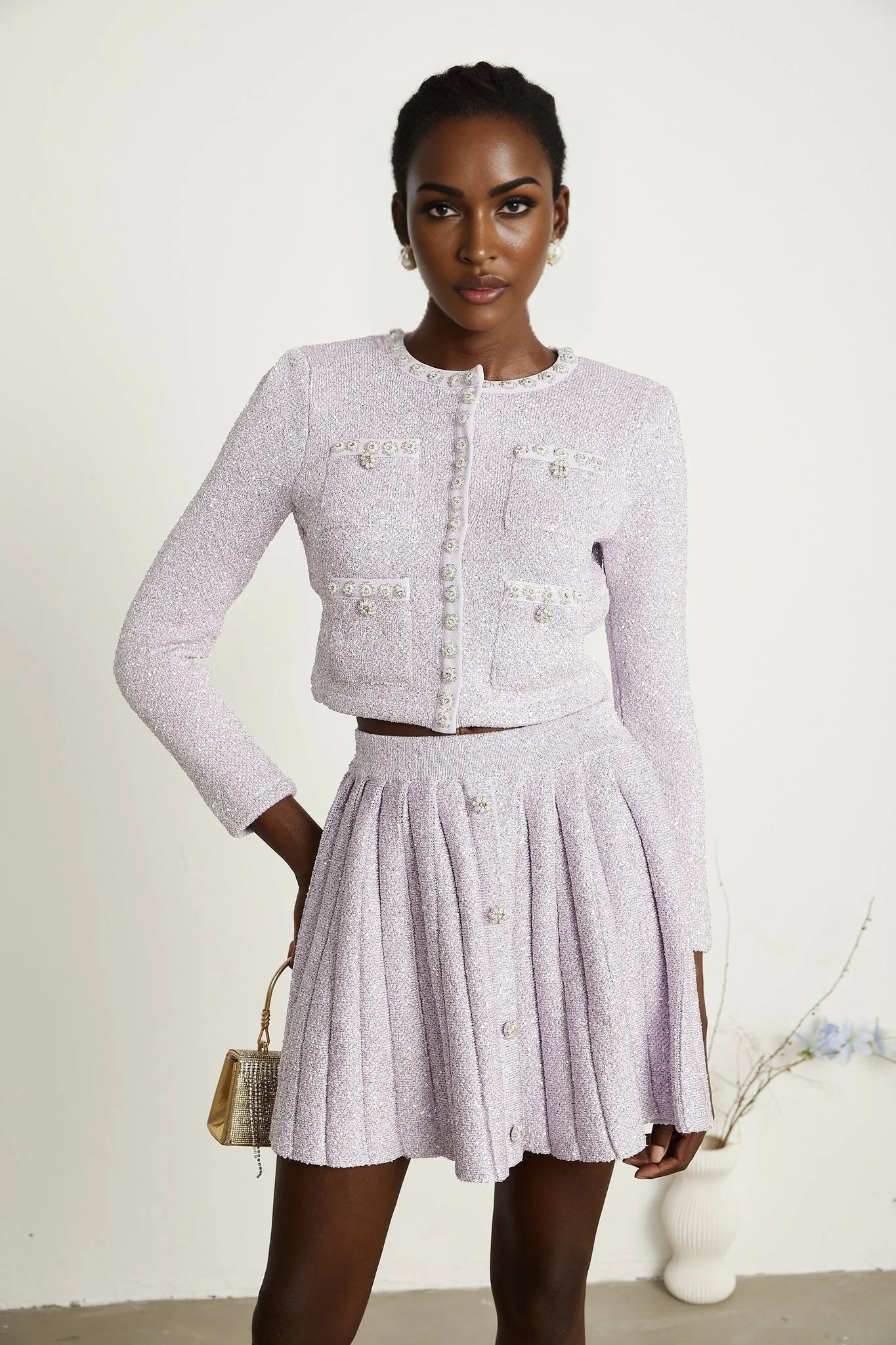 Denise Jacket & Skirt Set - Sequin Detailing - Faux - Pearl Embellishment - Front Button Fastening - Four Patch Pockets - Full Pleated