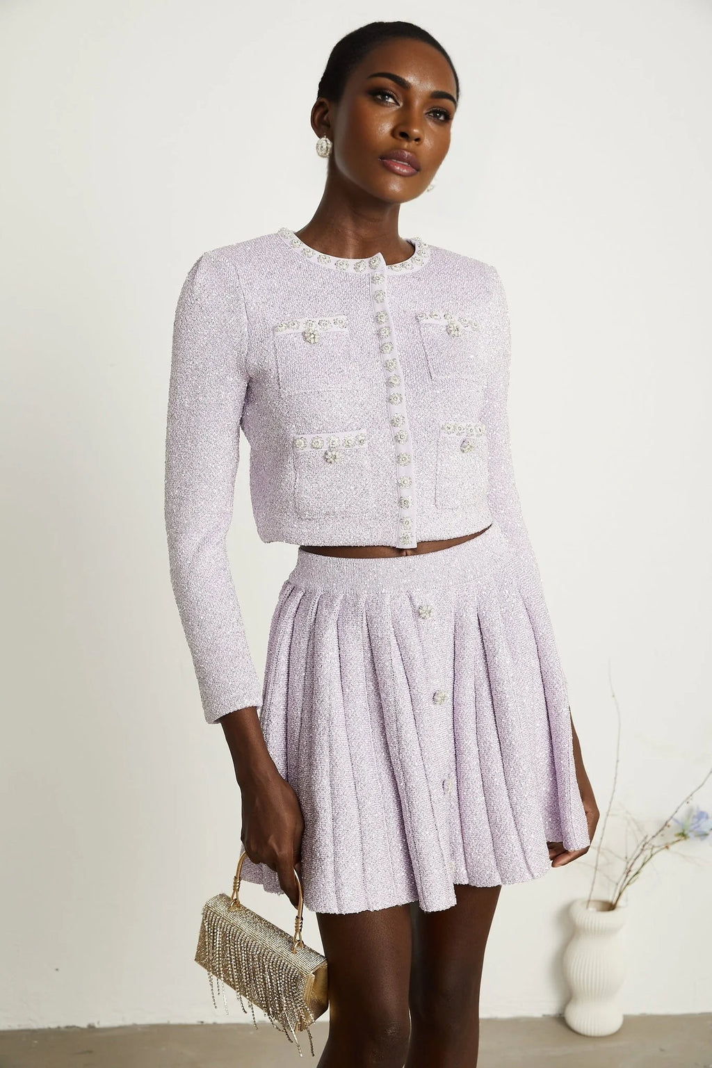 Denise Jacket & Skirt Set - Sequin Detailing - Faux - Pearl Embellishment - Front Button Fastening - Four Patch Pockets - Full Pleated