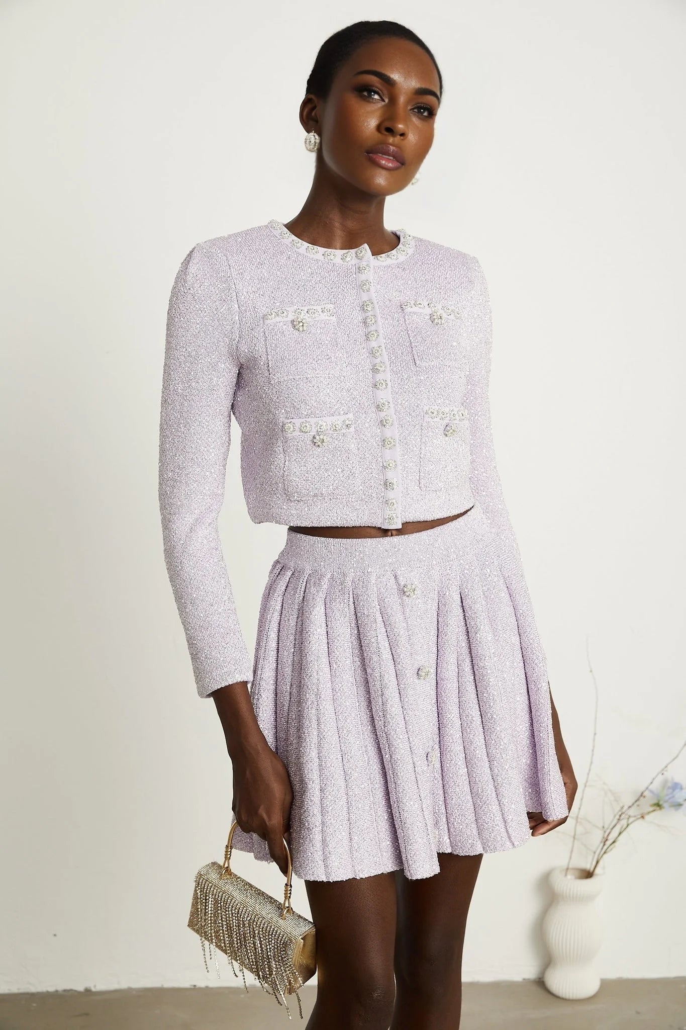 Denise Jacket & Skirt Set - Sequin Detailing - Faux - Pearl Embellishment - Front Button Fastening - Four Patch Pockets - Full Pleated
