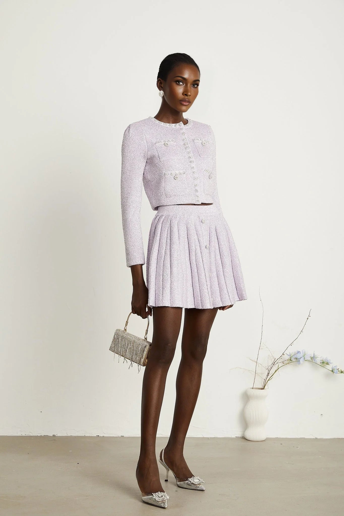 Denise Jacket & Skirt Set - Sequin Detailing - Faux - Pearl Embellishment - Front Button Fastening - Four Patch Pockets - Full Pleated