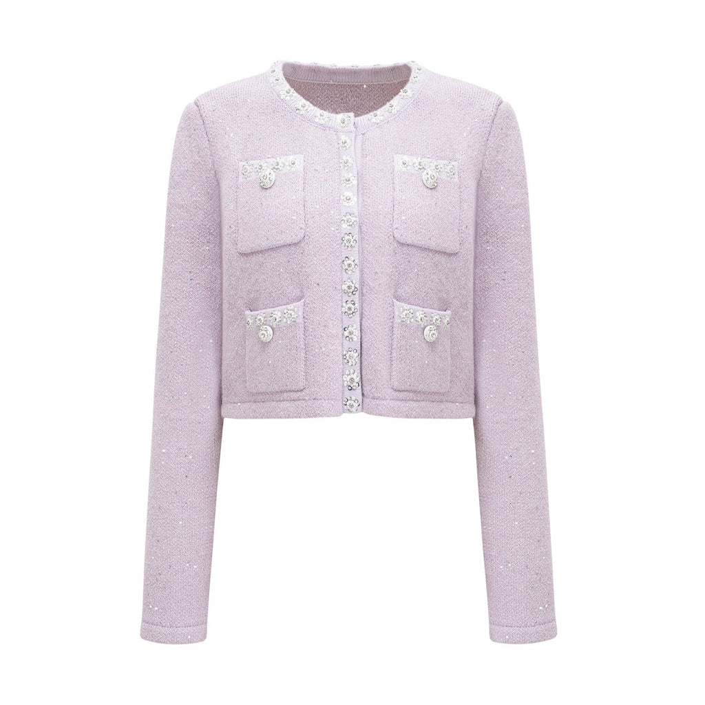 Denise Jacket & Skirt Set - Sequin Detailing - Faux - Pearl Embellishment - Front Button Fastening - Four Patch Pockets - Full Pleated