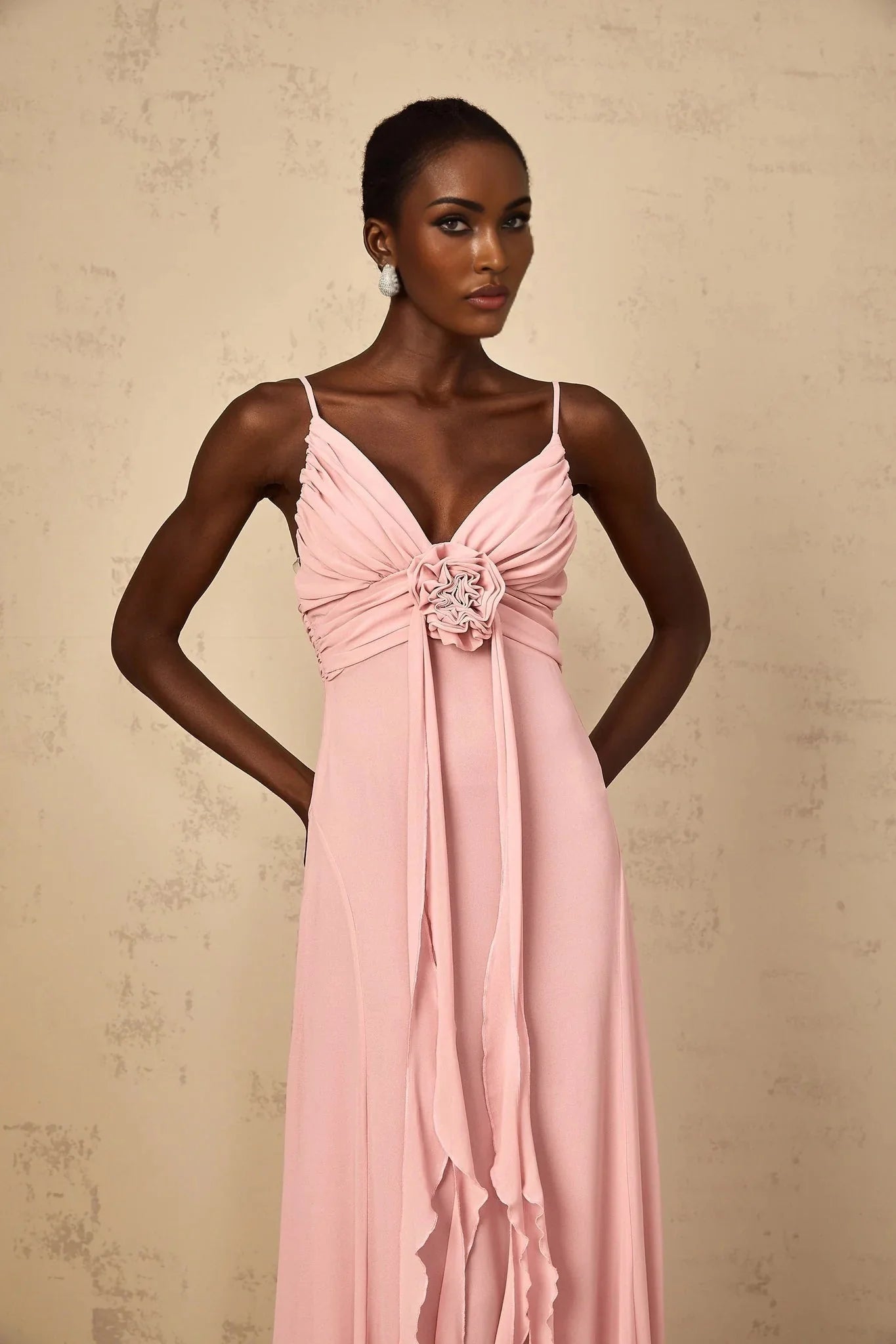 Denise Maxi Dress Pink 3D Petal Tulle & Ribbon Design