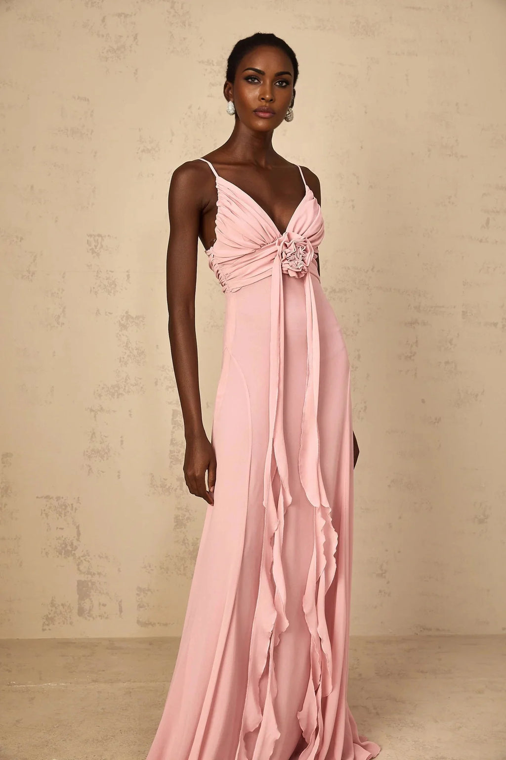 Denise Maxi Dress Pink 3D Petal Tulle & Ribbon Design
