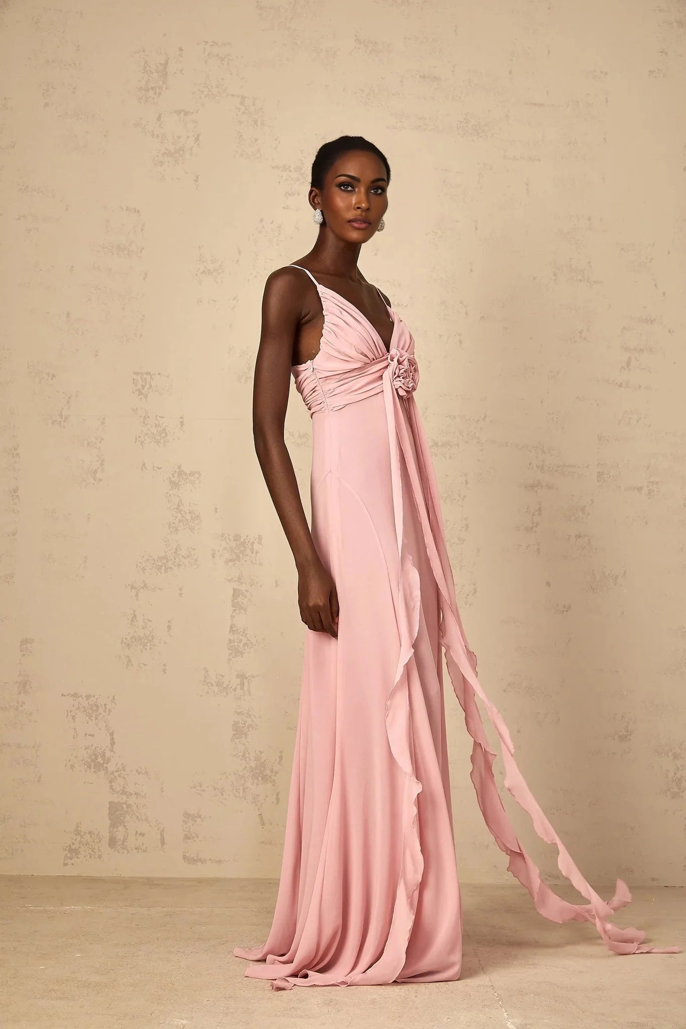 Denise Maxi Dress Pink 3D Petal Tulle & Ribbon Design