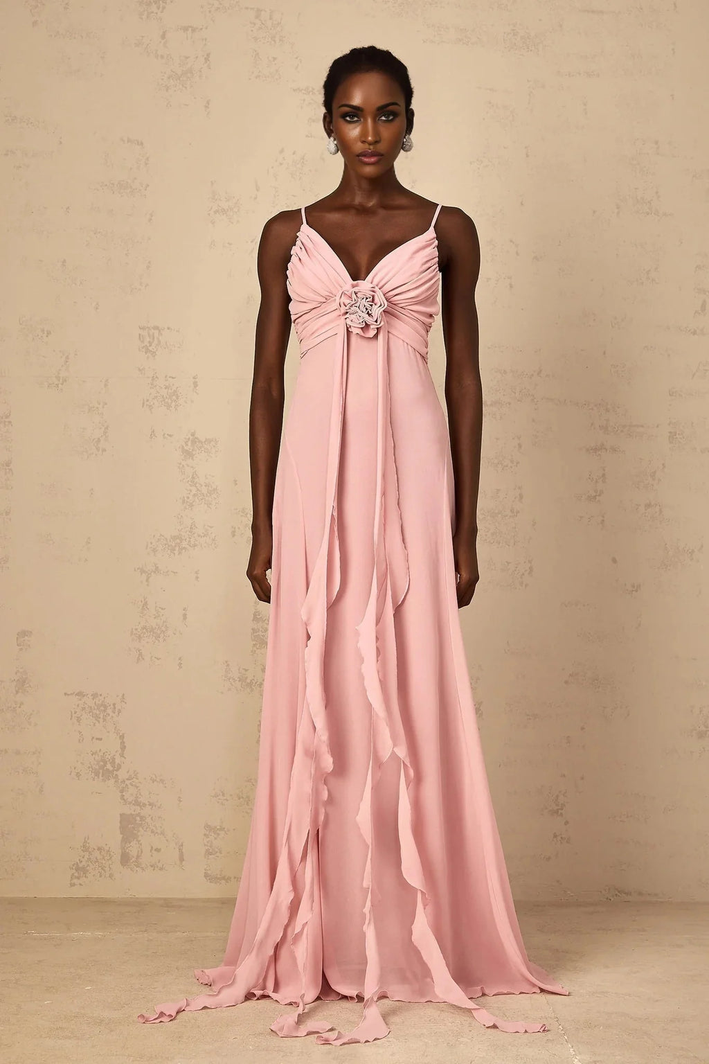Denise Maxi Dress Pink 3D Petal Tulle & Ribbon Design